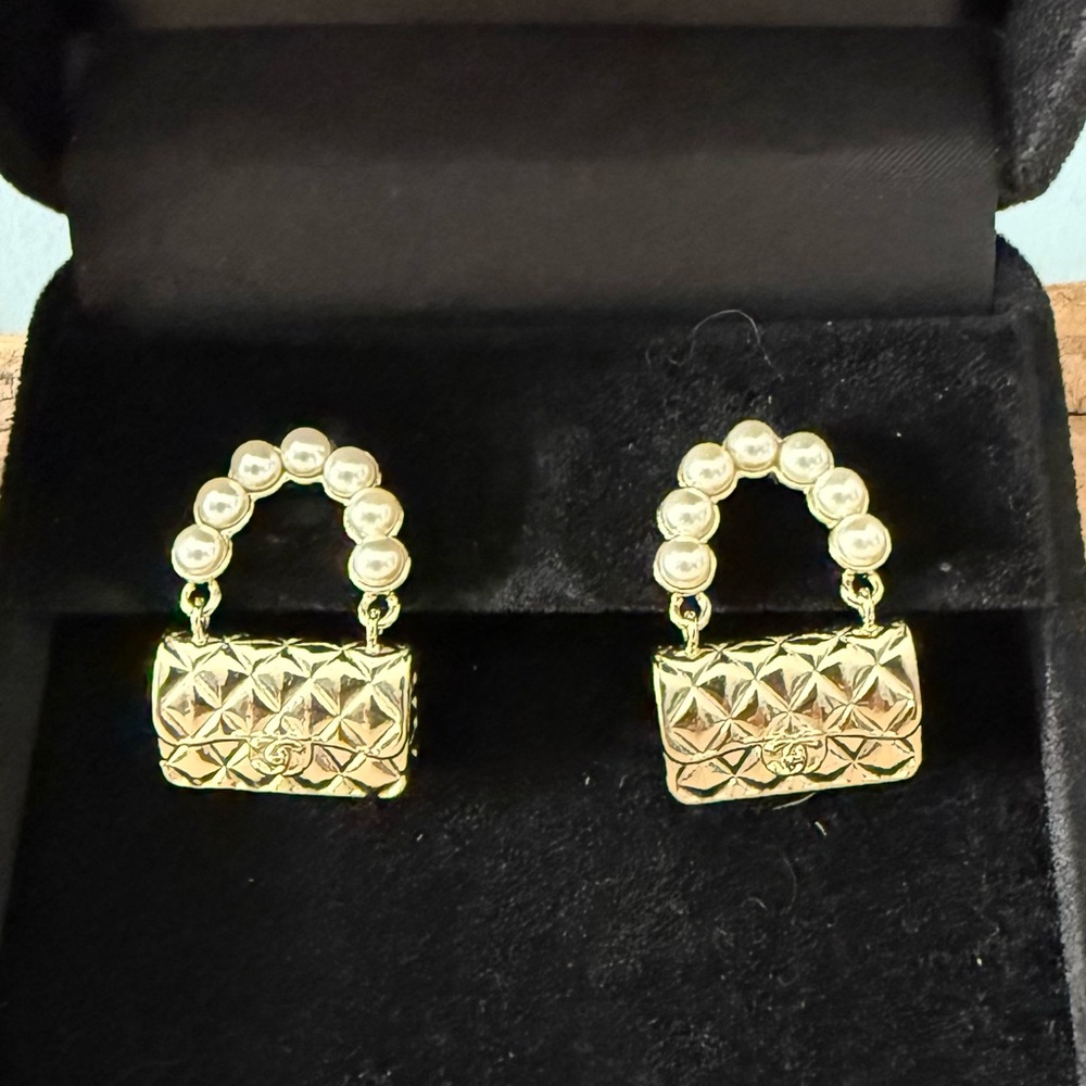 Chanel Pearl & Gold-Tone Quilted Flap Bag Earrings